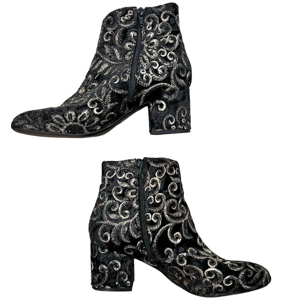 Aldo Sequin Gold Black Velvet Floral Brocade Block Heel Ankle Boots size 8.5 - Picture 4 of 7